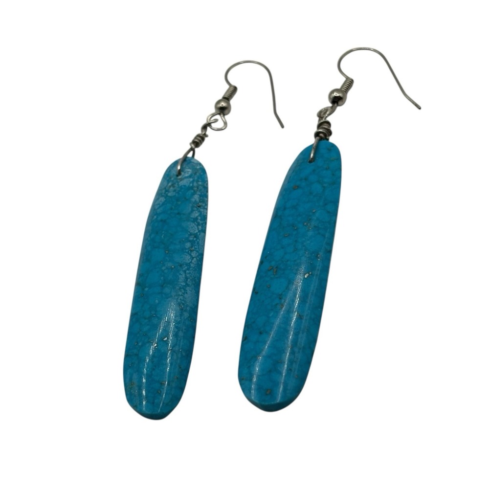Dyed Agate Stone Drop Earrings Imitation Turquoise Long Statement Silver Tone